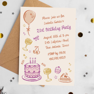 カラフルな落書き 手描き 21歳の誕生日パーティー 招待状