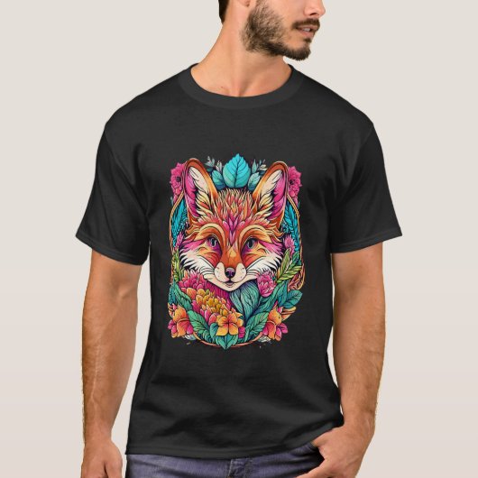 カラフルな葉と花のリースの茶色のキツネ, F Tシャツ (正面)