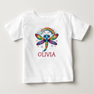 カラフルな虹と可愛いトンボ ベビーTシャツ