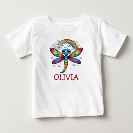 カラフルな虹と可愛いトンボ ベビーTシャツ (正面)