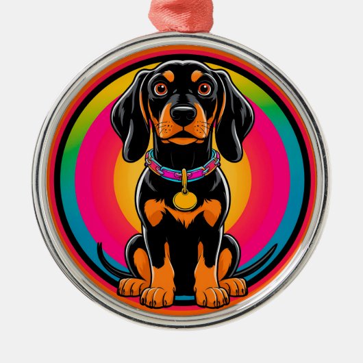 カラフルな虹に囲まれたダックスフンドの子犬 メタルオーナメント (正面)