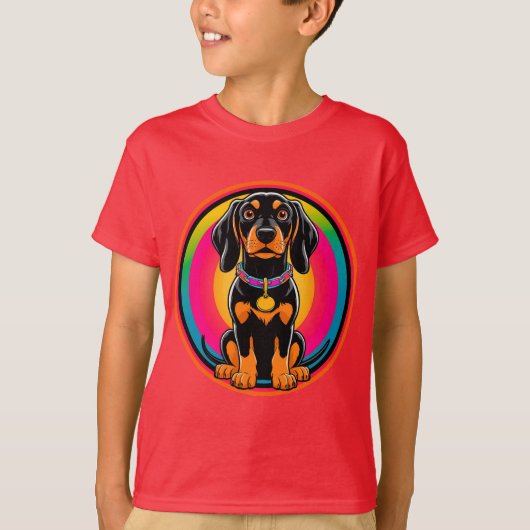 カラフルな虹に囲まれたダックスフンドの子犬 Tシャツ (正面)