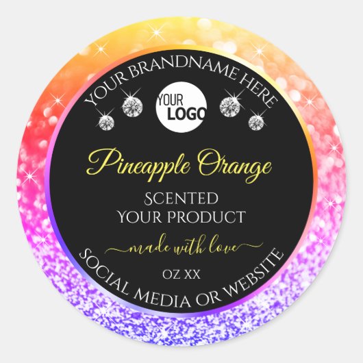 カラフルな虹のグリッター ブラック プロダクトラベル ロゴ ラウンドシール (正面)