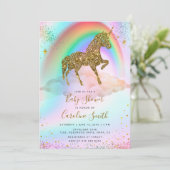 カラフルな虹のゴールドグリッター ユニコーン ベビーシャワー 招待状 (スタンド正面)