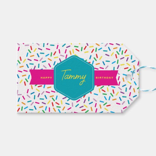 カラフルな虹のスパンコール誕生日パーティー ギフトタグ (正面(横))