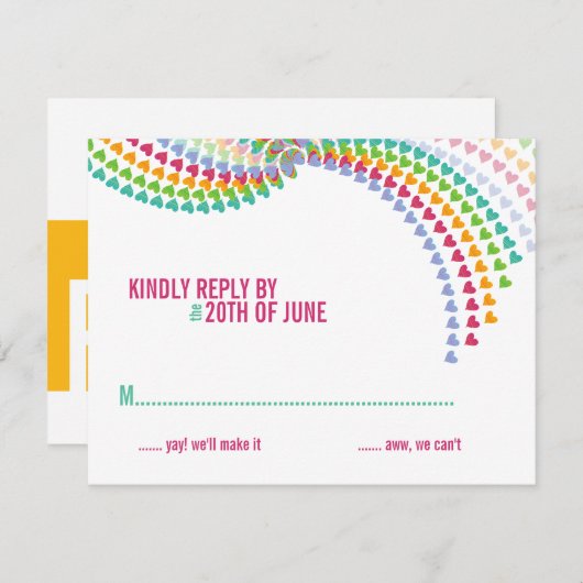 カラフルな虹のハートはRSVPカードを結婚することを振りかけます 出欠カード (正面/裏面)