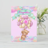 カラフルな虹のユニコーンの熱気球の誕生日 招待状 (スタンド正面)