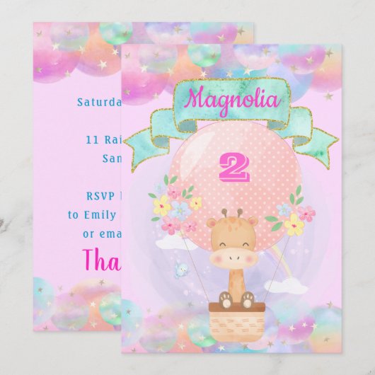 カラフルな虹のユニコーンの熱気球キリン 招待状 (正面/裏面)