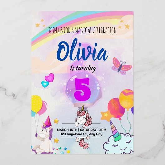 カラフルな虹のユニコーンテーマ 箔招待状 (正面)