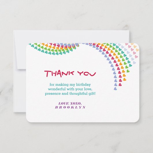 カラフルな虹のラブハートのスパークルズバースデー サンキューカード (正面)