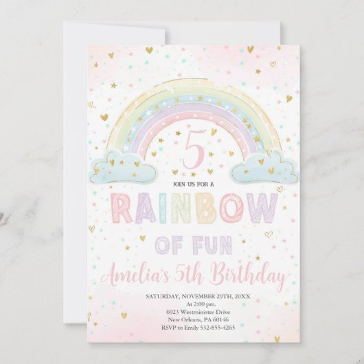 カラフルな虹の女の子のパーティー、楽しい虹 招待状 (正面)