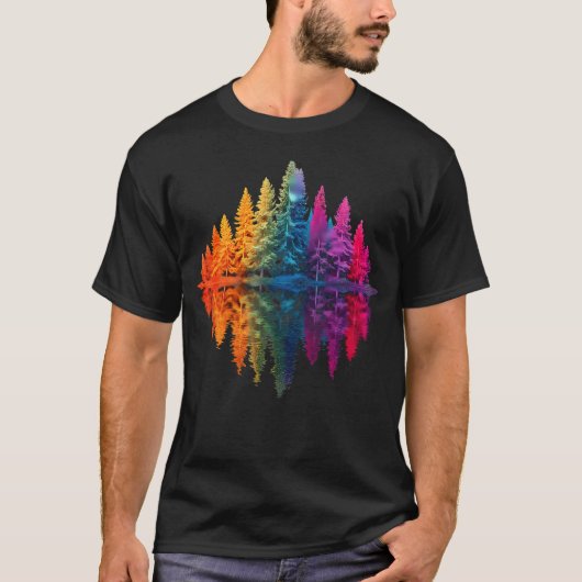 カラフルな虹の森の木々の反射野生生物 Tシャツ (正面)