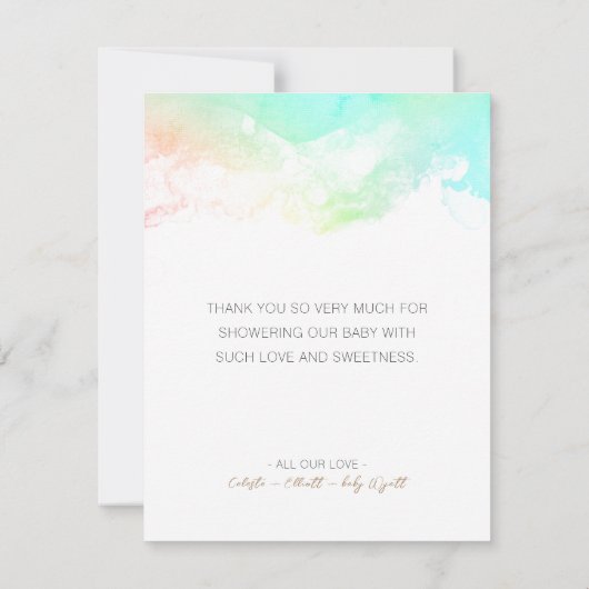 カラフルな虹の雲のホワイトベイビーシャワー サンキューカード (裏面)