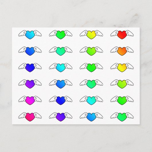 カラフルな虹の飛ぶハートのプライドラブハート ポストカード (正面)