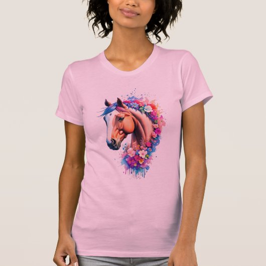 カラフルな虹の馬の胸像 野の花の水彩画 Tシャツ (正面)