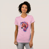 カラフルな虹の馬の胸像 野の花の水彩画 Tシャツ (正面フル)