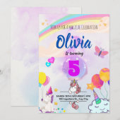 カラフルな虹の魔法のユニコーン誕生日 招待状 (正面/裏面)