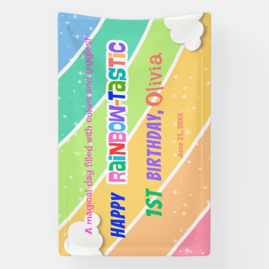 カラフルな虹の1歳誕生日パーティーバナー 横断幕 (縦)