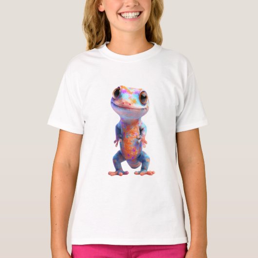 カラフルな虹色の斑点のあるカートゥーンのヤモリの子供たち Tシャツ (正面)