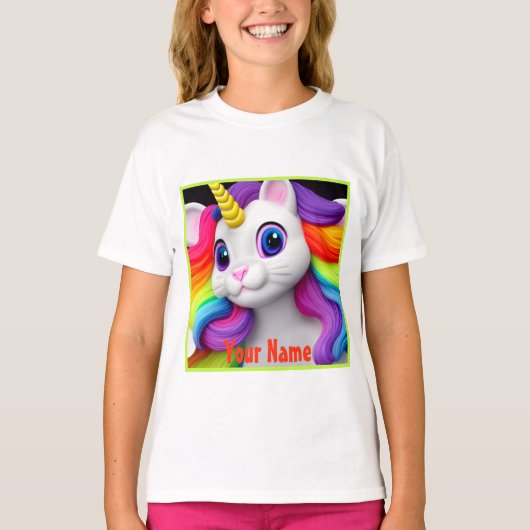 カラフルな虹色の髪の猫コーンキティTシャツ Tシャツ (正面)