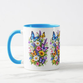 カラフルな蝶々と野の花のカントリーロア マグカップ
