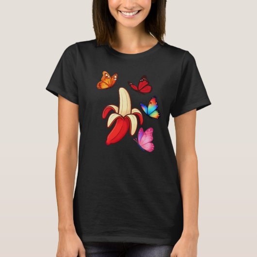 カラフルな蝶々に囲まれた赤いバナナ Tシャツ (正面)