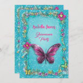 カラフルな蝶々 花模様 ターコイズ マゼンタ おしゃれ 招待状 (正面/裏面)
