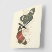 カラフルな蝶が付いているセピア色の葉 スクエア壁時計 (傾斜)