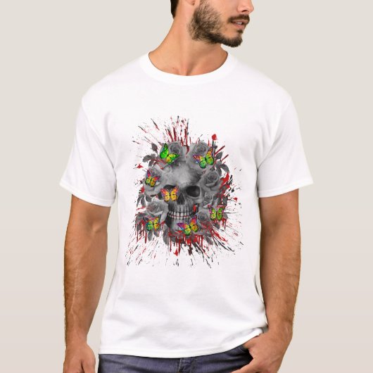 カラフルな蝶とドクロの花柄 Tシャツ (正面)