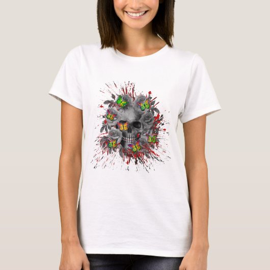 カラフルな蝶とドクロの花柄 Tシャツ (正面)