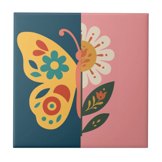 カラフルな蝶と花のデザイン タイル (正面)