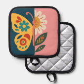 カラフルな蝶と花のデザイン 鍋敷き (正面/裏面)