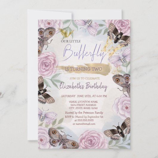 カラフルな蝶と花の誕生日 招待状 (正面)