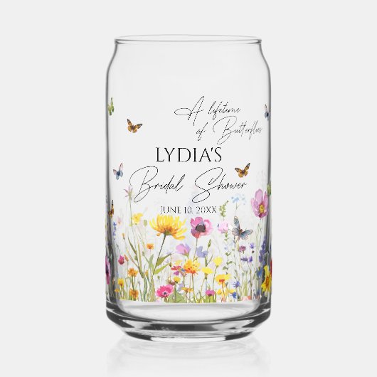 カラフルな蝶と野の花のブライダルシャワー ガラス缶 (正面)