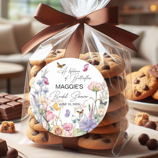 カラフルな蝶と野の花のブライダルシャワー ラウンドシール