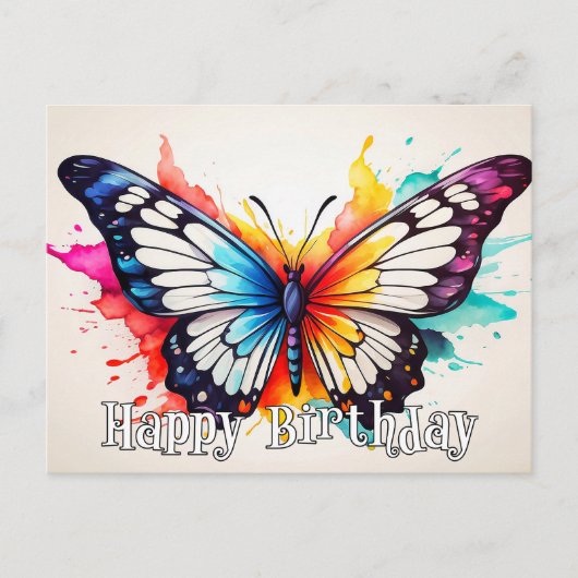 カラフルな蝶の水彩アートの誕生日おめでとう ポストカード (正面)