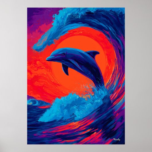 カラフルな表現主義のイルカの波の壁アート ポスター (正面)