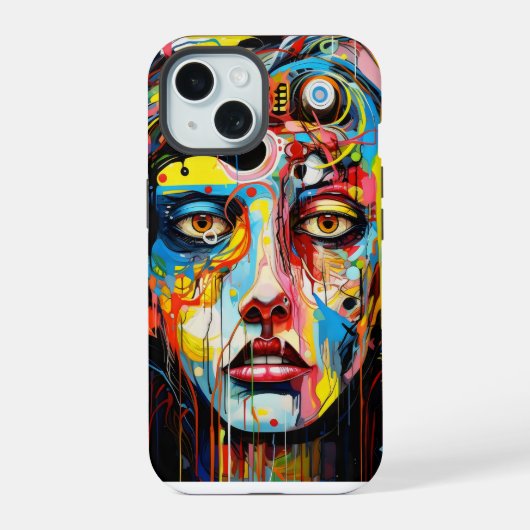 カラフルな表現主義の女性の顔 iPhone 15ケース (裏面)