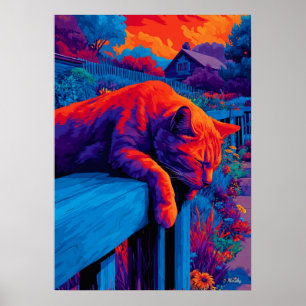 カラフルな表現主義の庭の猫の壁画 ポスター