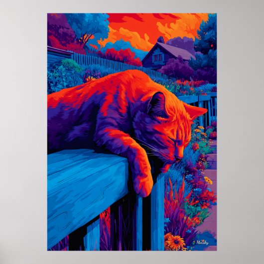カラフルな表現主義の庭の猫の壁画 ポスター (正面)