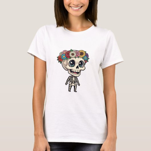 カラフルな装飾のキュートなちびキャラスカル Tシャツ (正面)