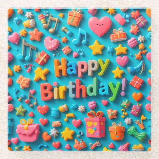 カラフルな誕生日お祝い要素 ガラスコースター (正面)