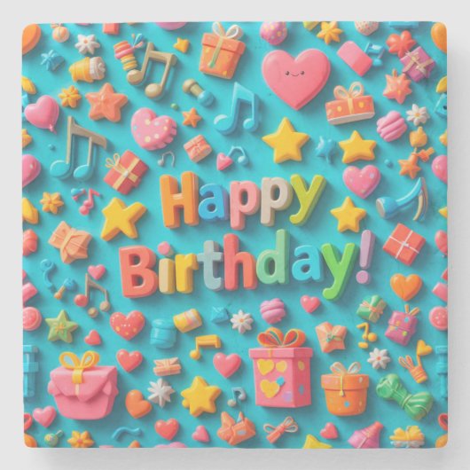 カラフルな誕生日お祝い要素 ストーンコースター (正面)