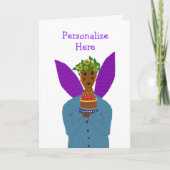 カラフルな誕生日の天使がケーキを届けに来る - オーダーメイドのバースデーカード サンキューカード (正面)