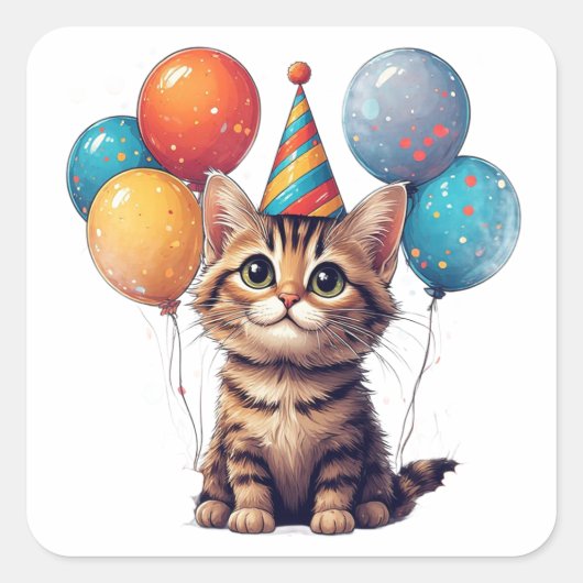 カラフルな誕生日の子猫と風船 スクエアシール (正面)