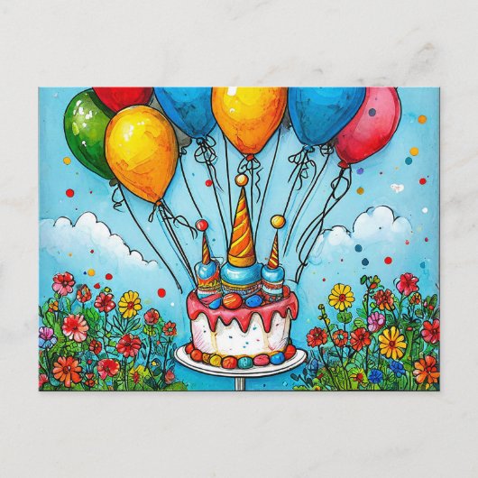 カラフルな誕生日の風船 ポストカード (正面)