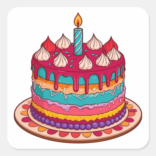 カラフルな誕生日ケーキとろうそく スクエアシール (正面)