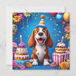 カラフルな誕生日パーティーを祝う犬 招待状