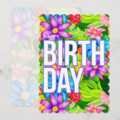 カラフルな誕生日フラワーカード - 手描きデザイン 招待状 (正面/裏面)