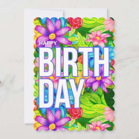 カラフルな誕生日フラワーカード - 手描きデザイン 招待状 (正面)